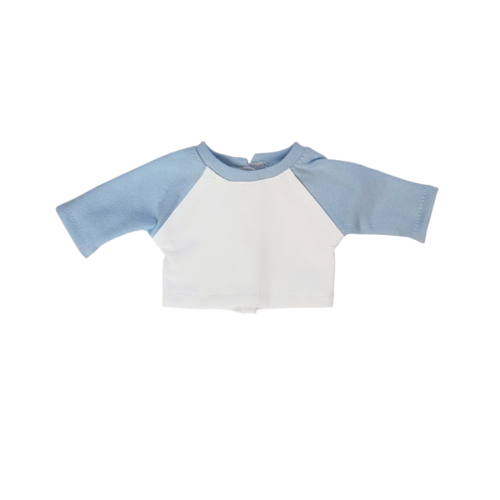A white raglan shirt with blue sleeves