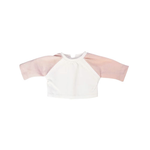 A white raglan shirt with pink sleeves